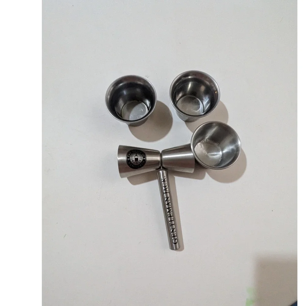 Gentleman Jack Stainless Steel Bar Set Jigger and 3 Shot Cups Order of Gentlemen